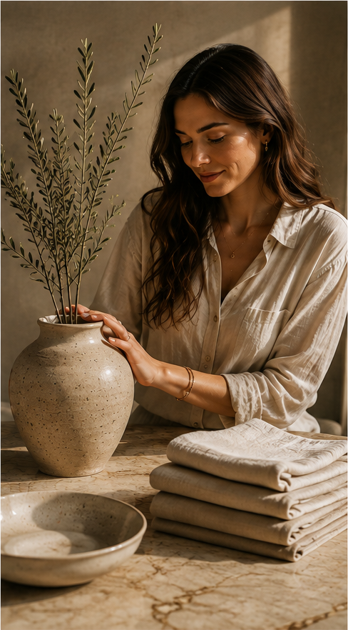 Woman arranging a speckled ceramic vase beside folded linen