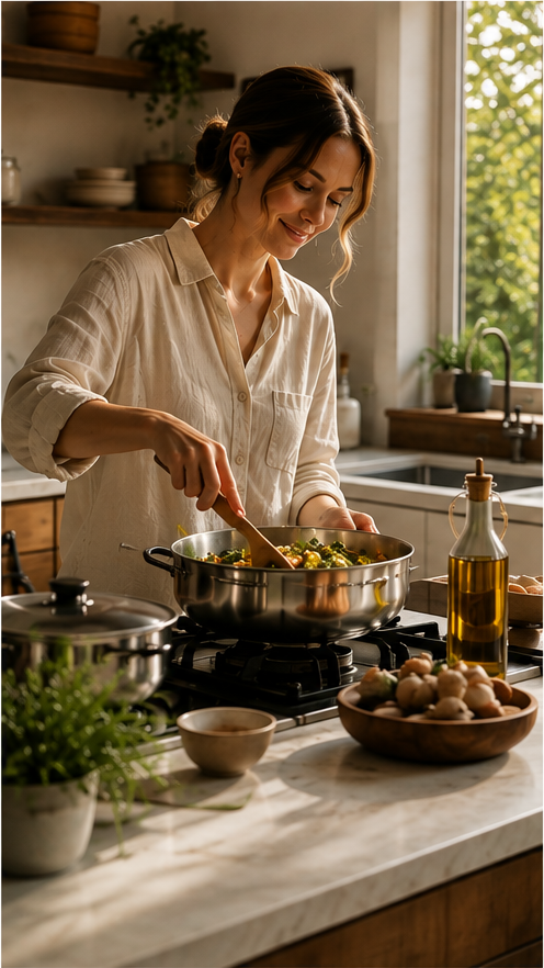 Woman cooking vegetables in a stainless steel pan in a sunlit kitchen