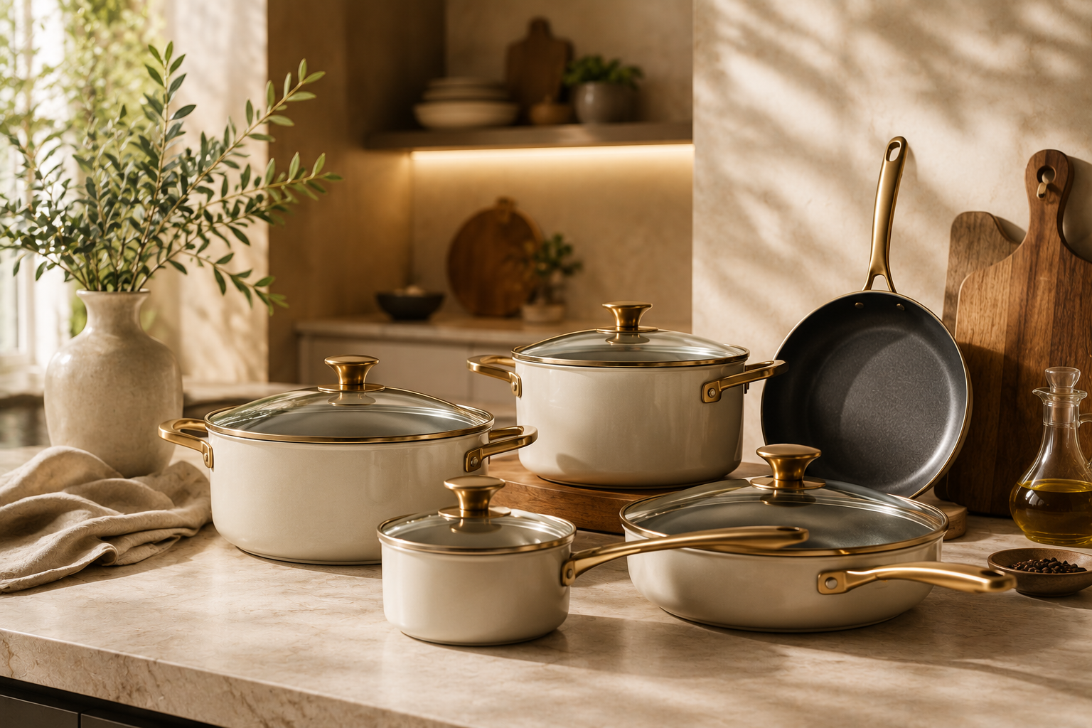 Premium cookware set on a marble kitchen counter