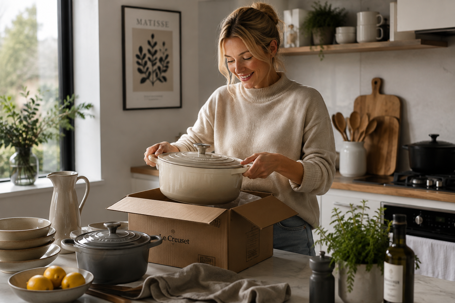 Woman unboxing a cream Dutch oven in a bright kitchen
