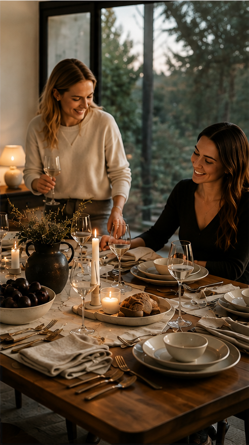Friends gathered around a candlelit dinner table at dusk